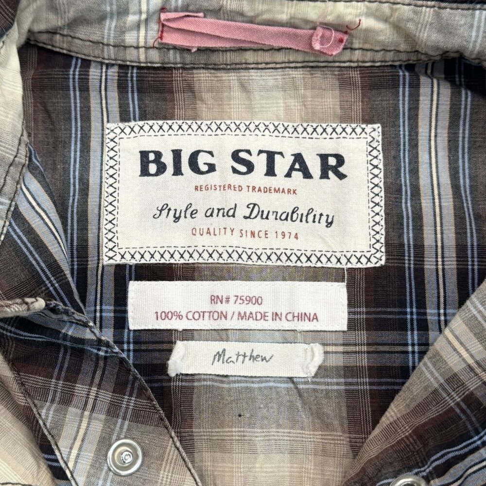 Big Star Mens Size M Brown Plaid Western Shirt Matthew Pearl Snaps Long Sleeve - Picture 9 of 15